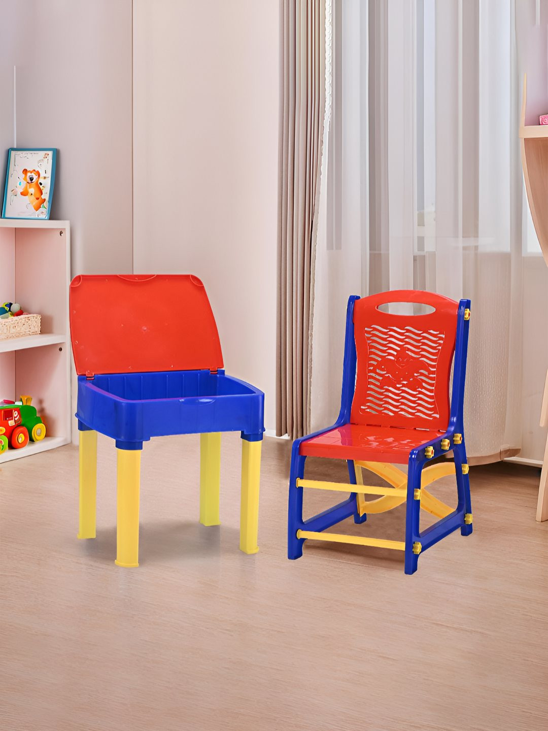 Myntra Elegant Homes Red & Blue Study Table & Chair Set With Storage