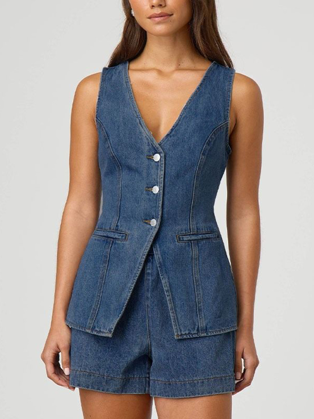 bebe Cotton V-Neck Waistcoat With Shorts Co-Ords