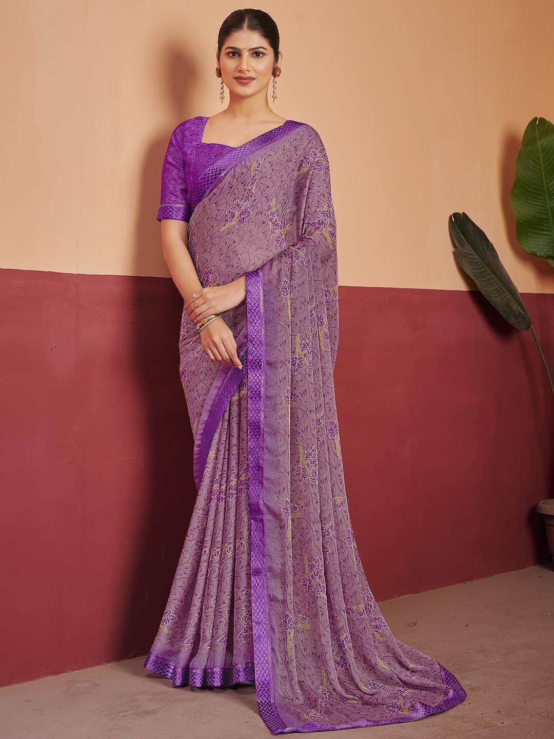KALINI  Floral Printed Saree With Attached Lace & Contrast Blouse Piece
