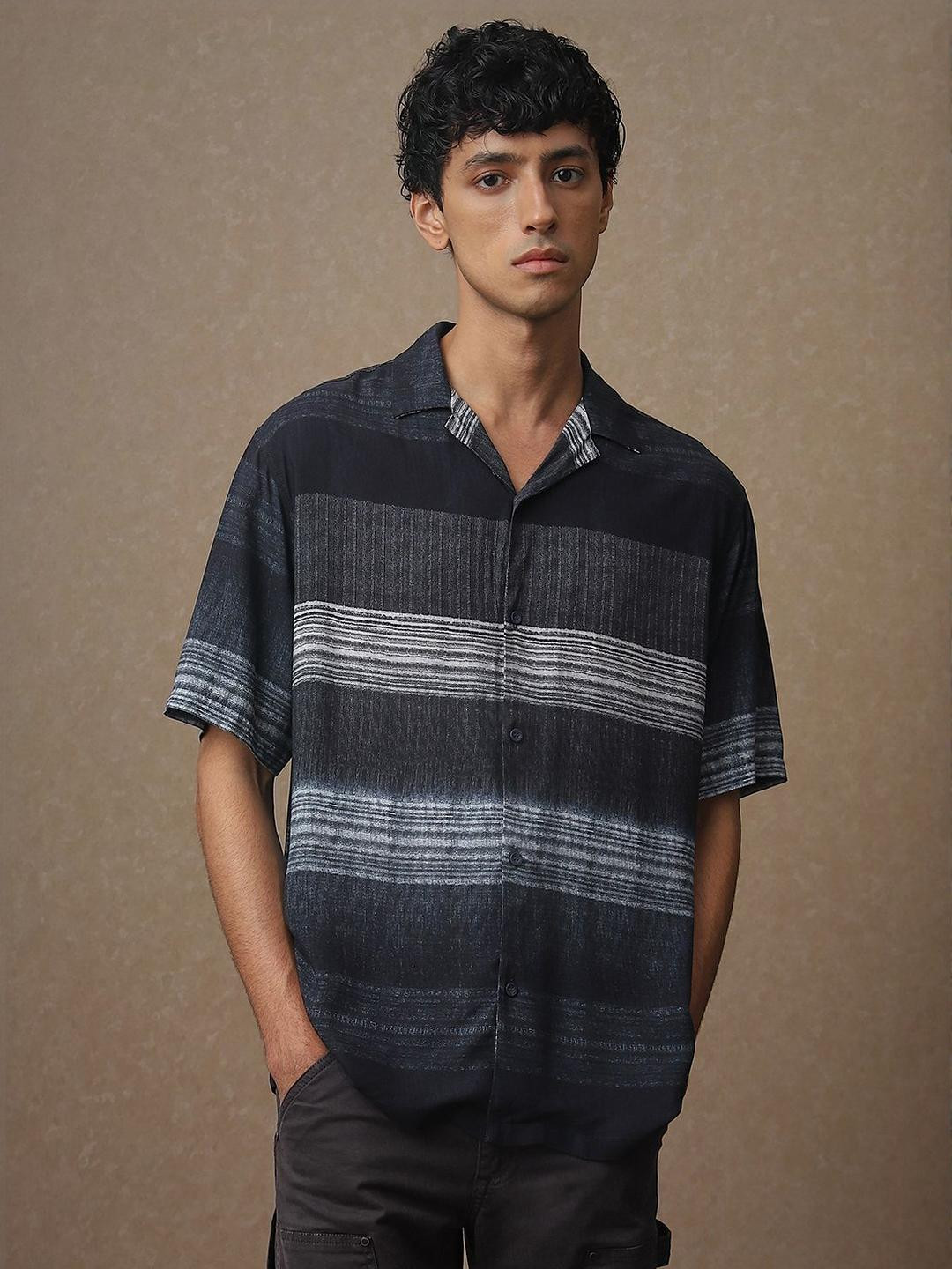 4 TRIPLE O FIVE O BY MUFTI Men Relaxed Fit Horizontal Striped Cuban Collar Casual Shirt