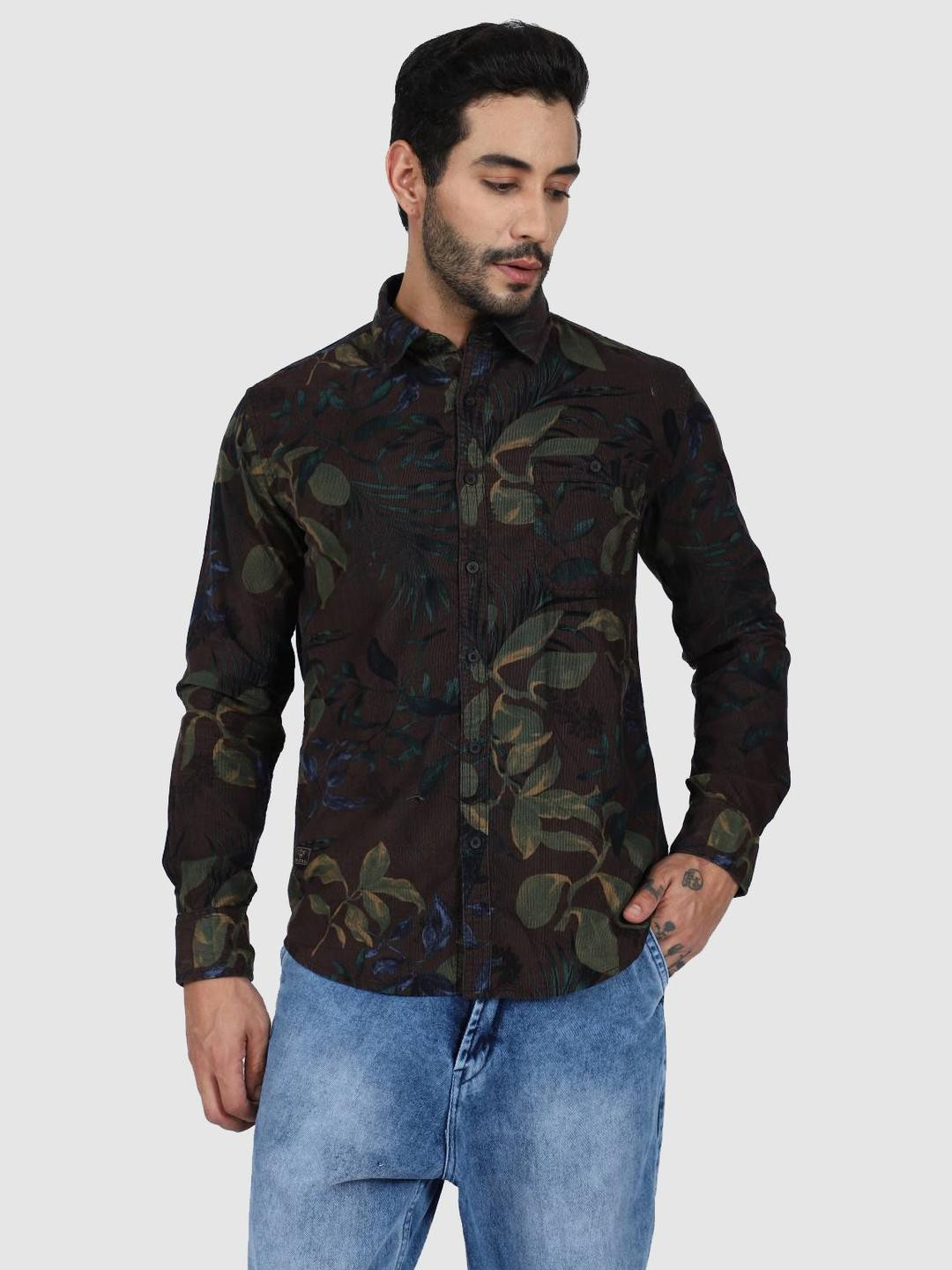 WOLF & CO. Floral Printed Relaxed Spread Collar Cotton Opaque Shirt