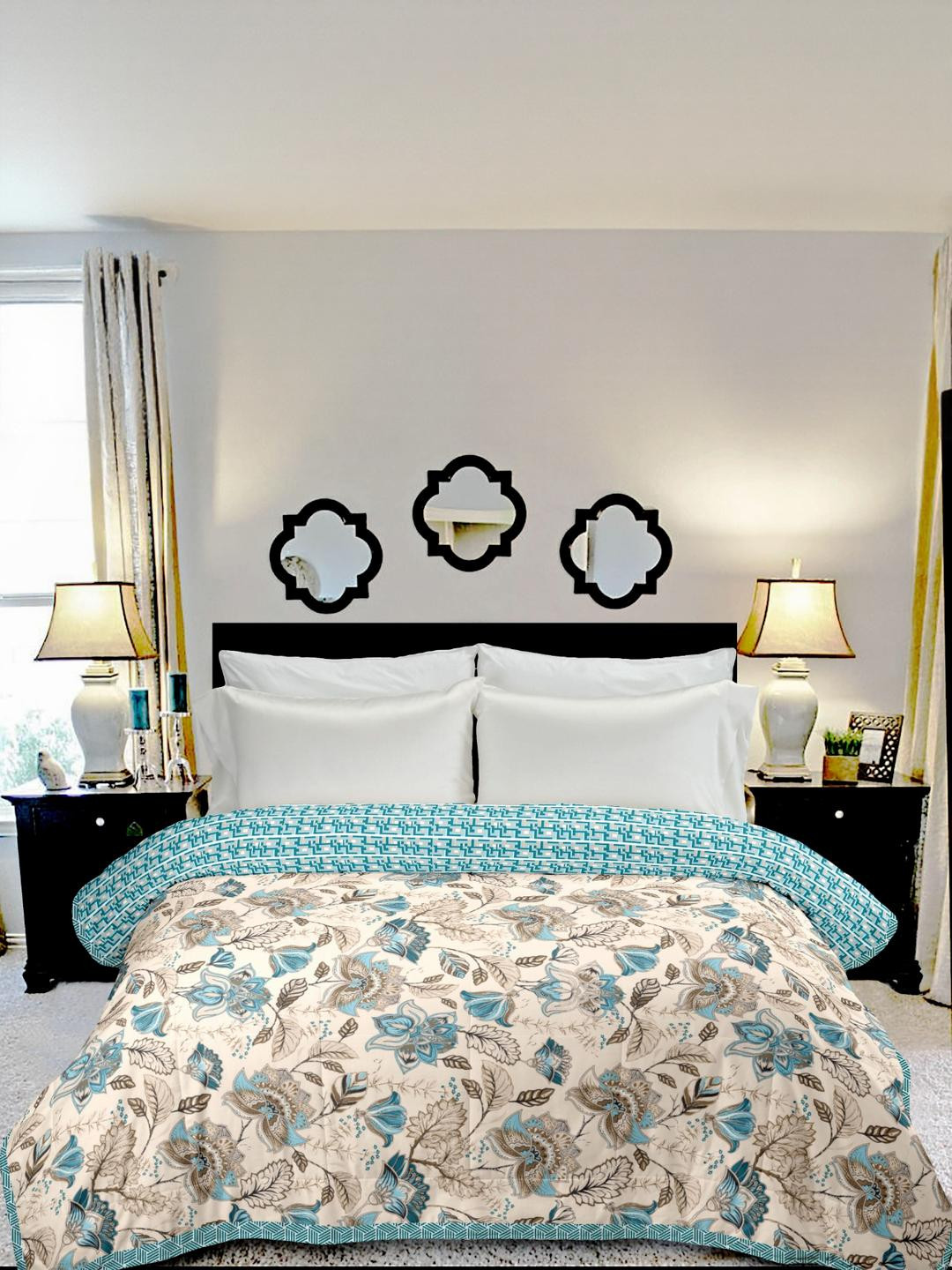 Anadhika 180 TC Blue And Beige Floral Printed AC Room Double Bed Dohar