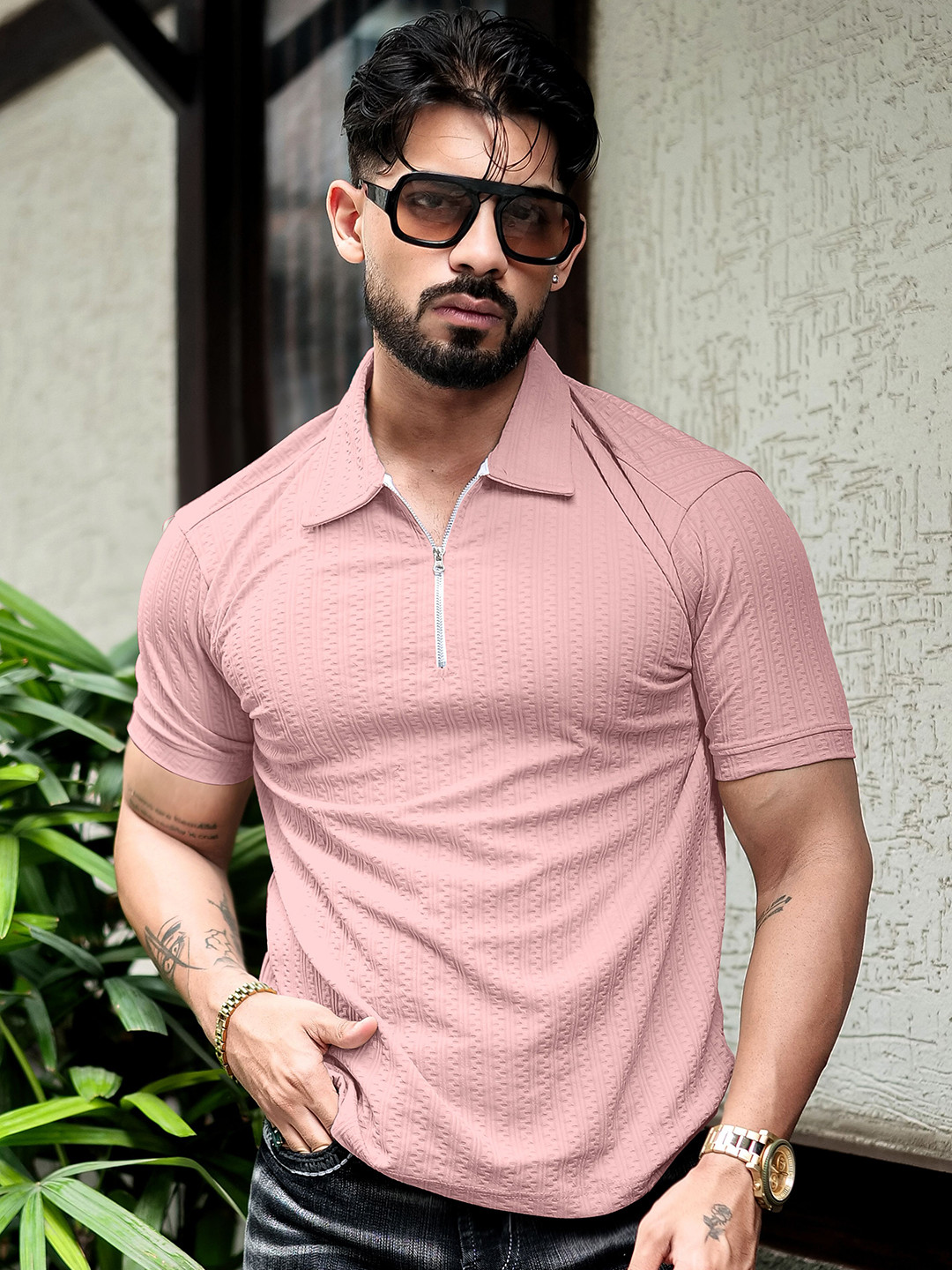 BENNY BROOKS Self Design Polo Collar Short Sleeves Regular Fit T-Shirt