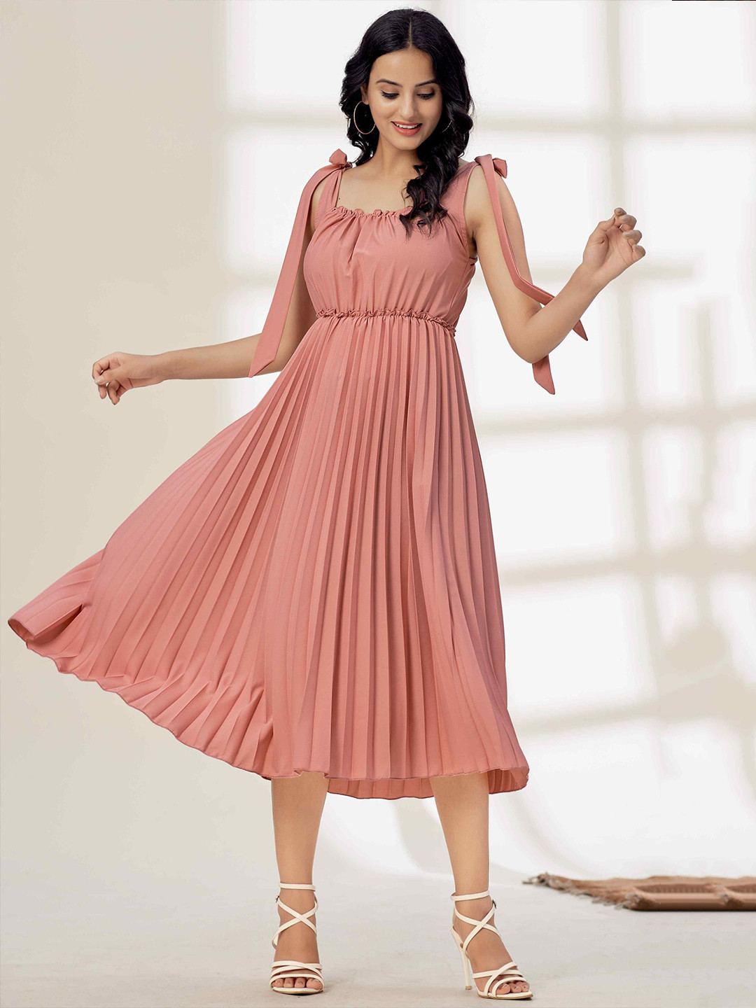 Peach Ethnic Motifs Solid Fit & Flare Midi Dress