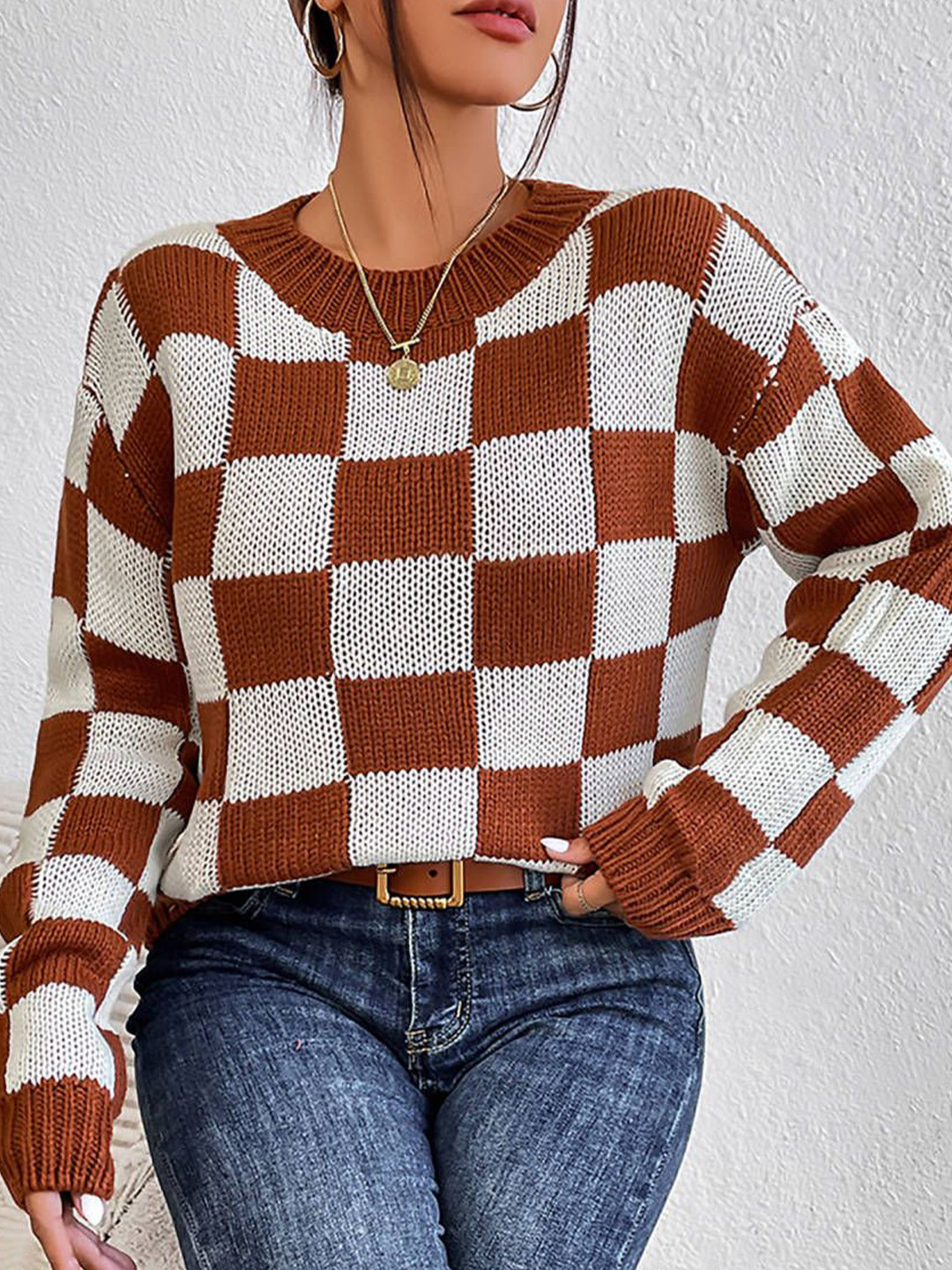 bebe Checked Self Design Round Neck Acrylic Pullover