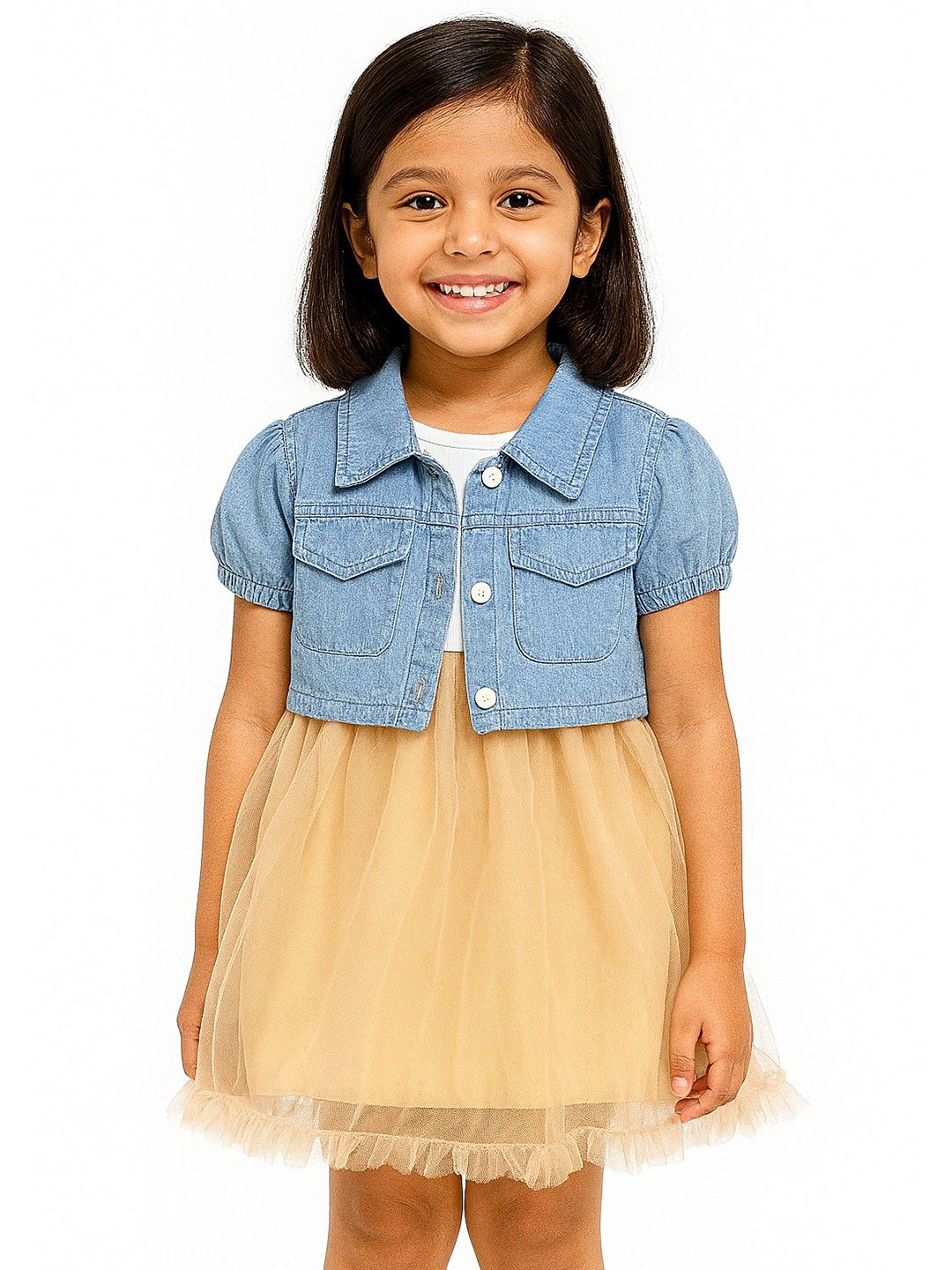 POP STREET KIDS Girl's Colourblocked Puff Sleeve Fit & Flare Dress & Cropped Jacket