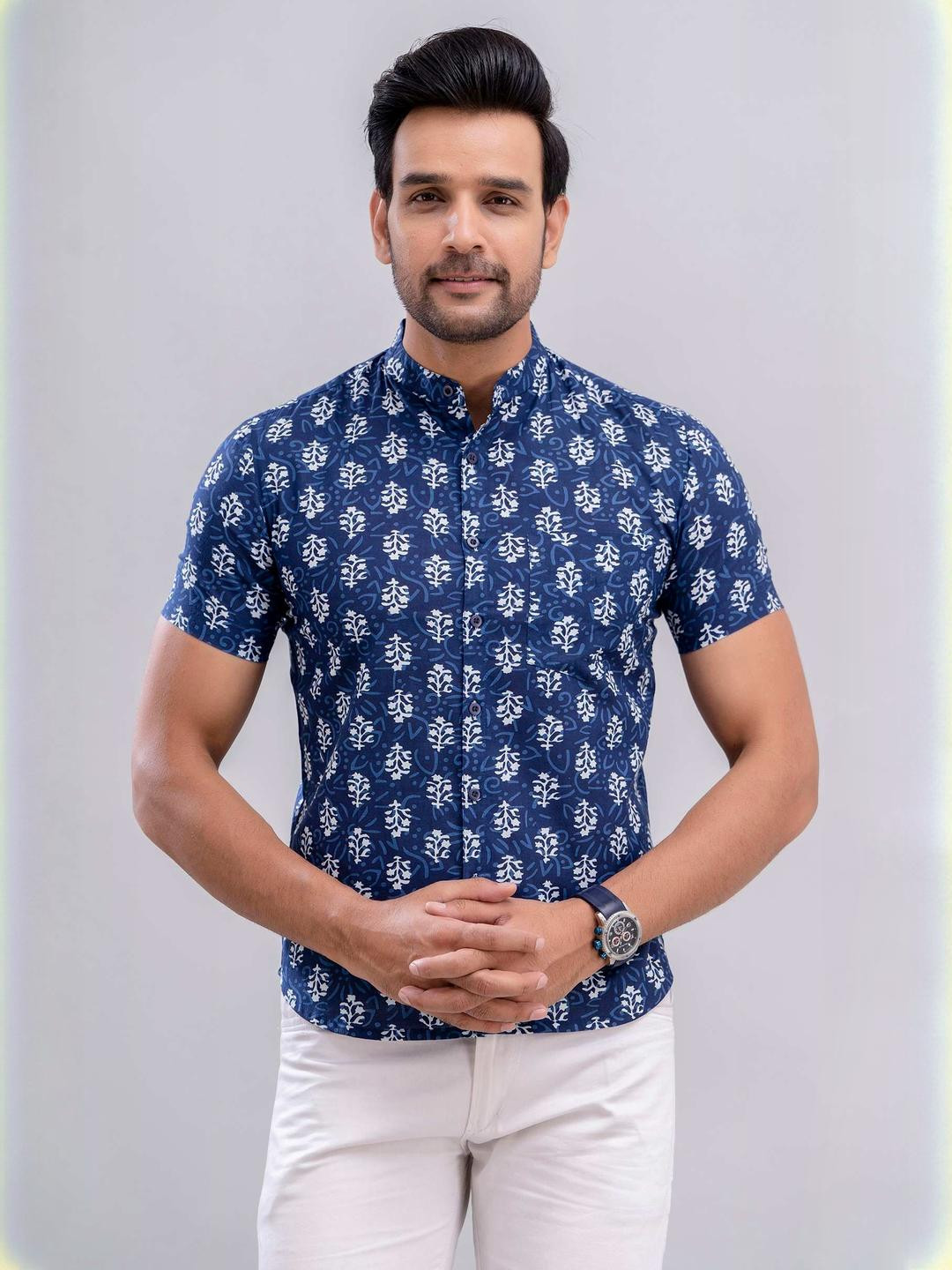 MissKurti Men Blue Standard Fit Ethnic Motifs Printed Cotton Casual Shirt for Men