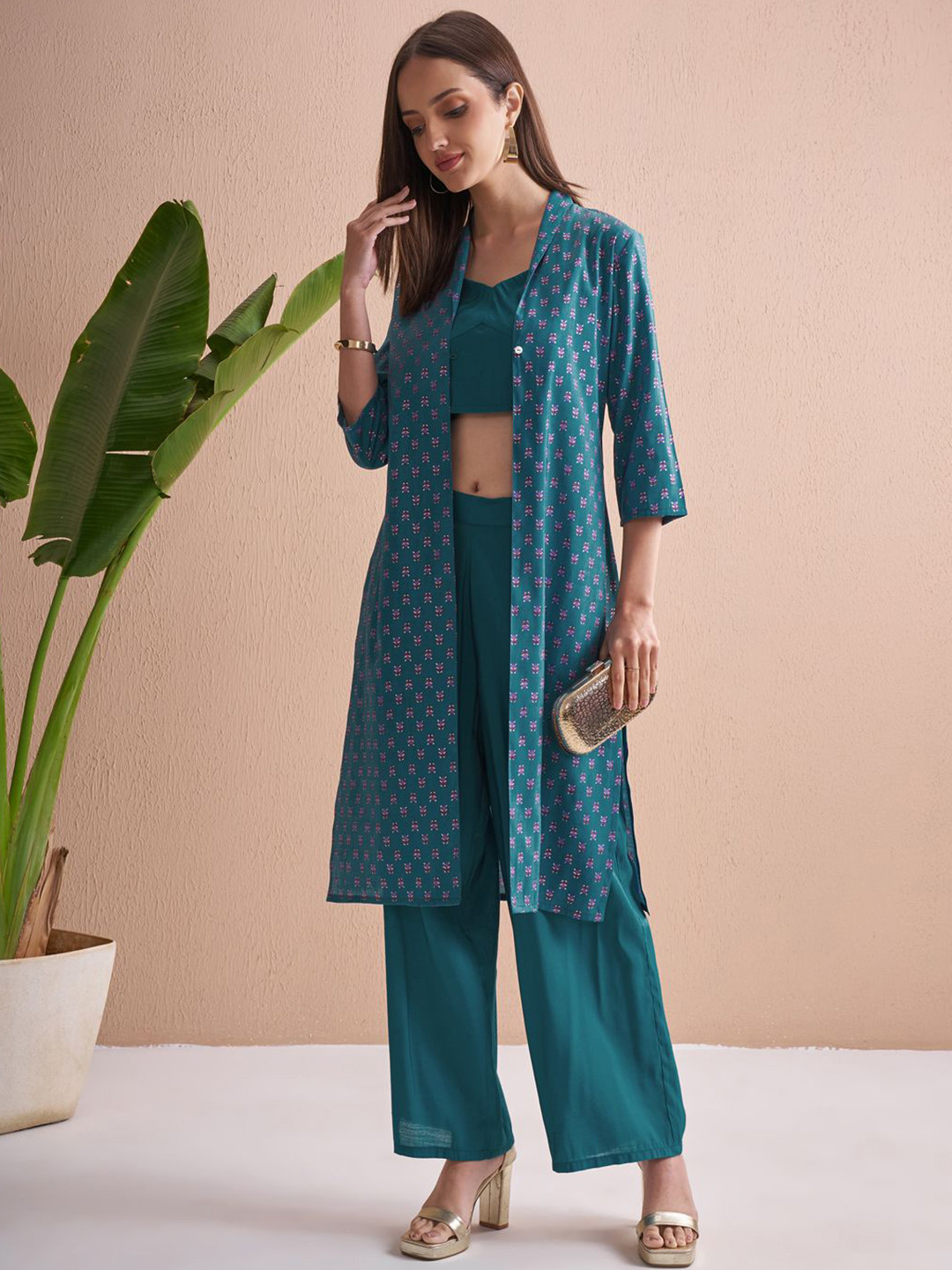 Vishudh Women Crop Top Palazzos And Printed Jacket Co-Ord Set