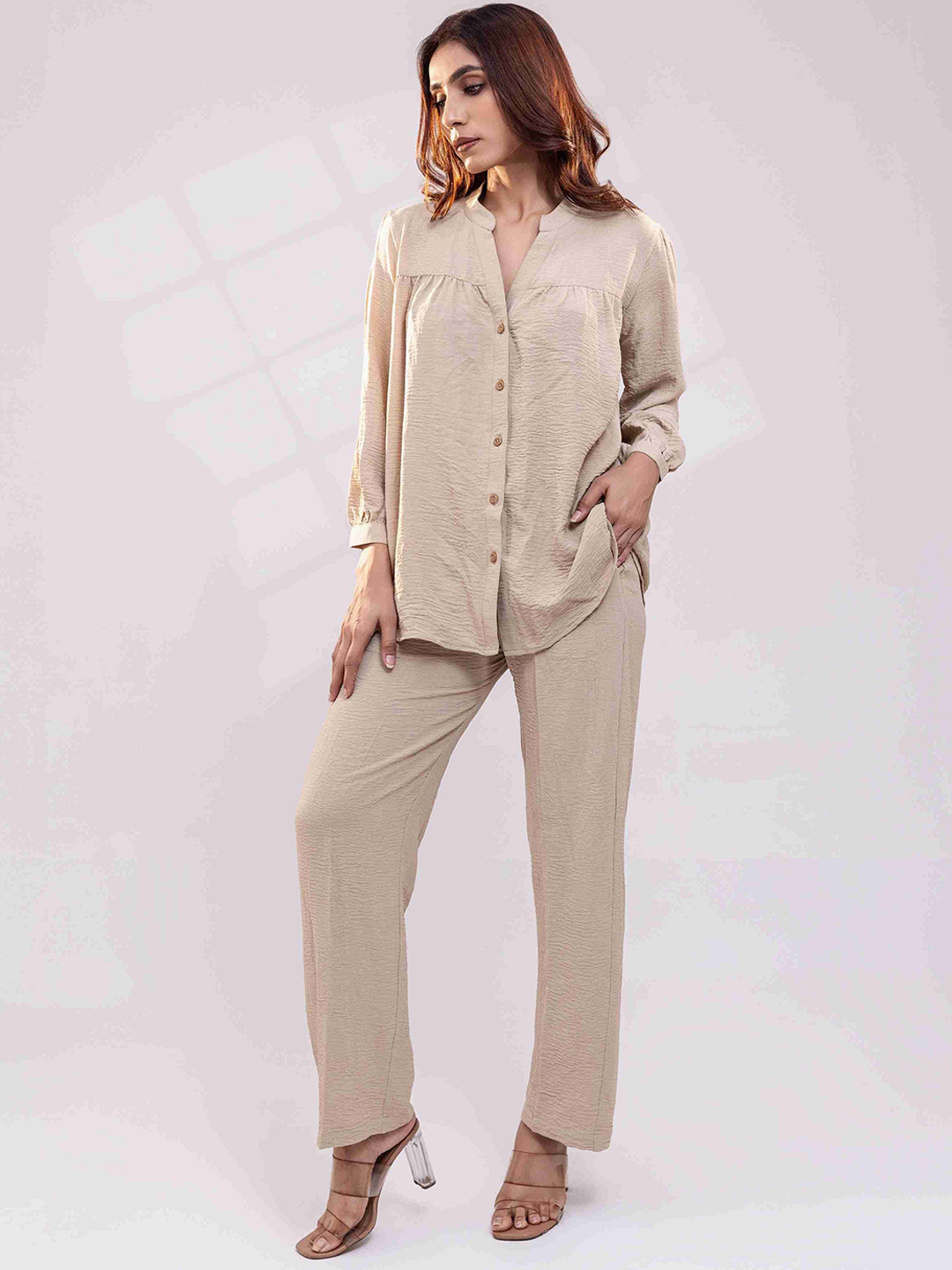 Luxe Weaves Women Beige White Shirt & Trousers Co-ord Set