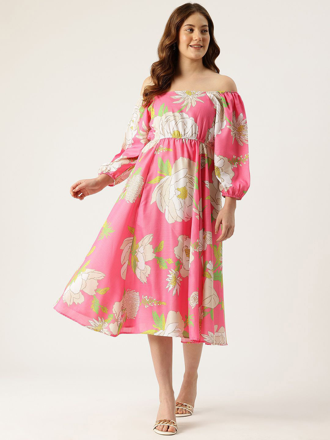 Sleek Italia Women Floral Printed Cotton Off-Shoulder Puff Sleeve Empire Midi Dress