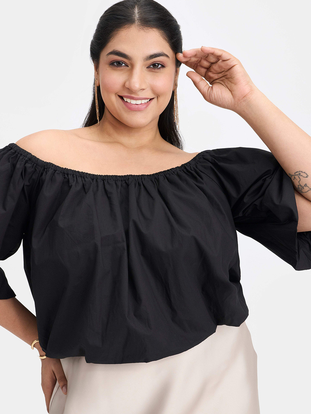 Virgio Plus Size Women Off-Shoulder Puff Sleeve Cotton Crop Plus Size Top