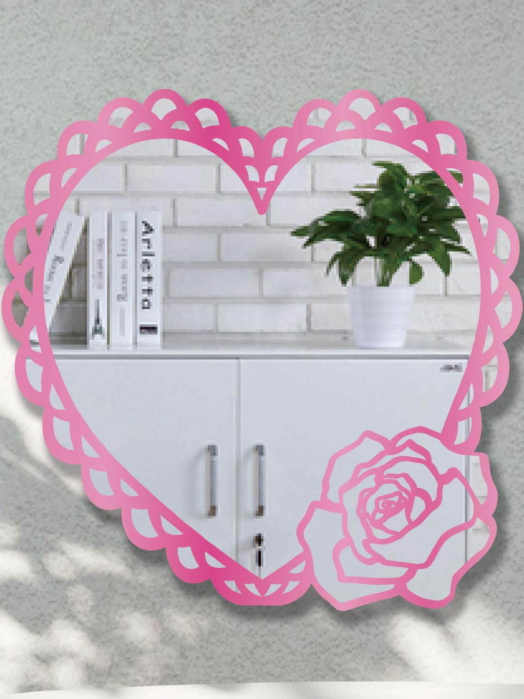 INDIAN ROYALS Pink Heart Shape With Rose Acrylic Mirror Wall Sticker