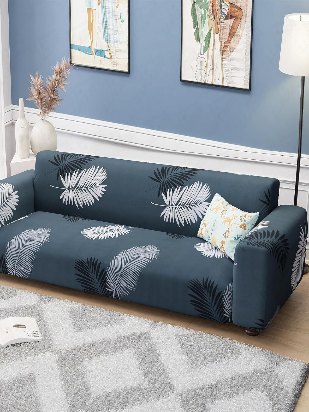Bajo's Blue & White Leaf Printed 3 Seater Sofa Cover With Arms