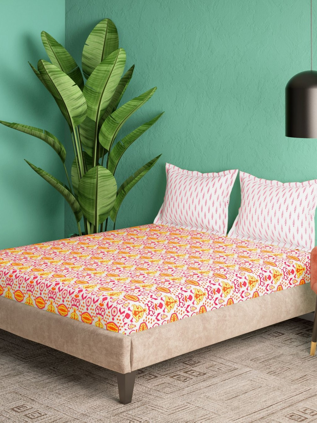 Portico Noir Harmony Yellow & Pink Printed Cotton 144 TC Queen Bedsheet Set 2.24 x 2.54 m