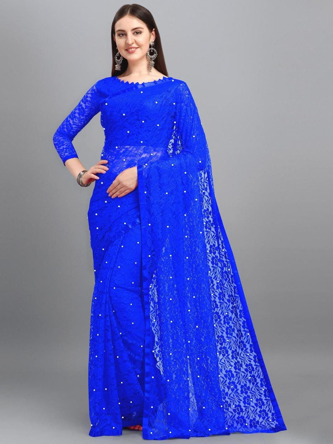 LOROFY Floral Embroidered Beads & Stones Work Net Saree With Blouse