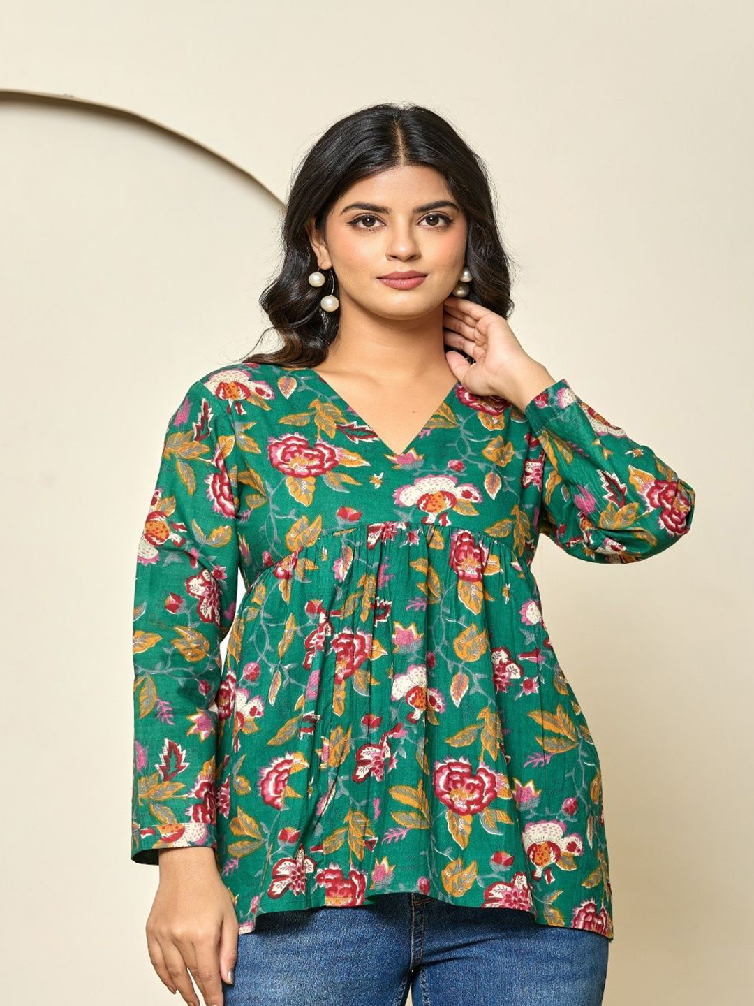 Pushpraj fashion Women Floral Printed V-Neck Pure Cotton Kurti