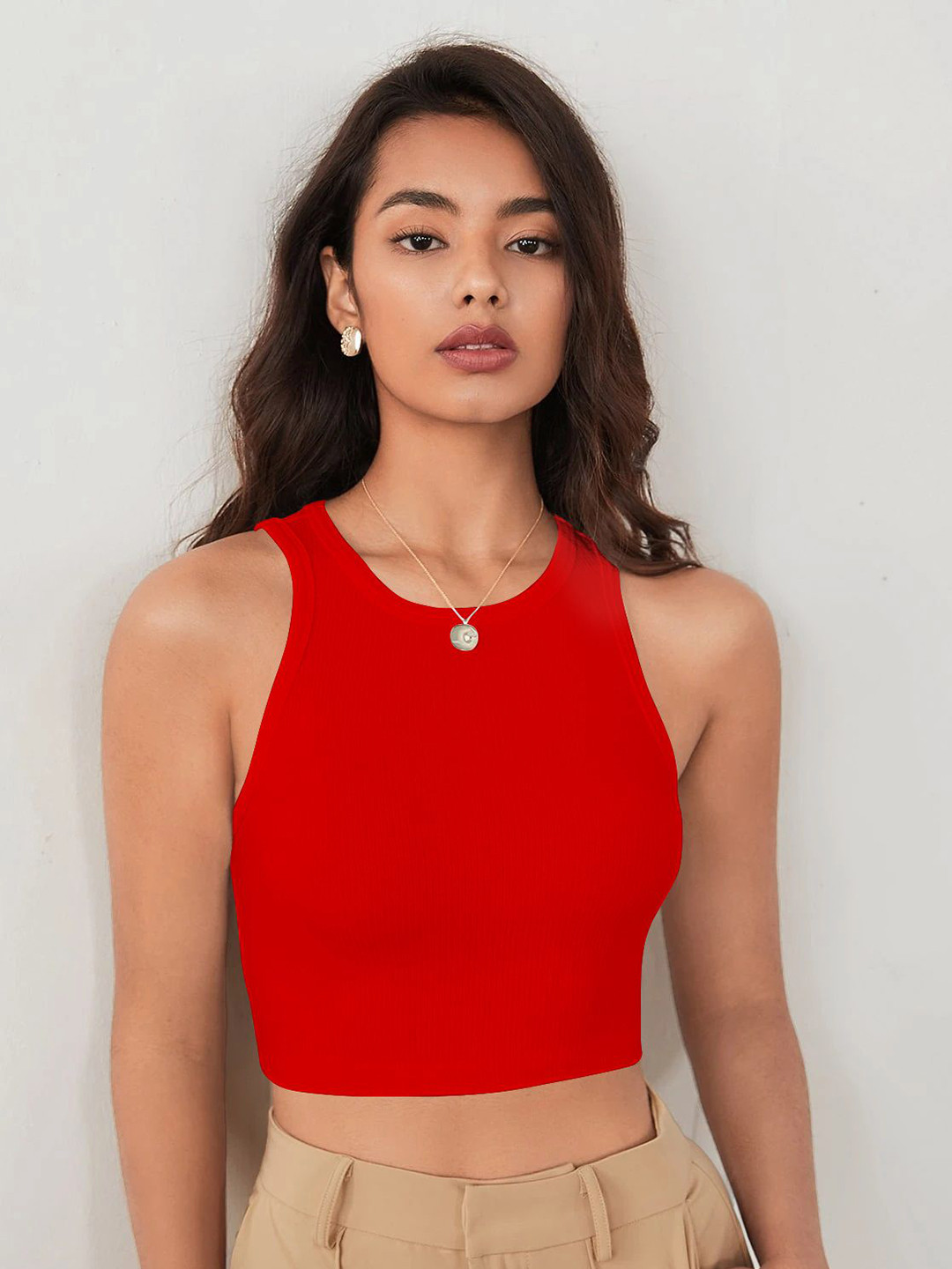 TOOCHKI Women Ribbed Round Neck Shoulder Straps Tank Crop Top
