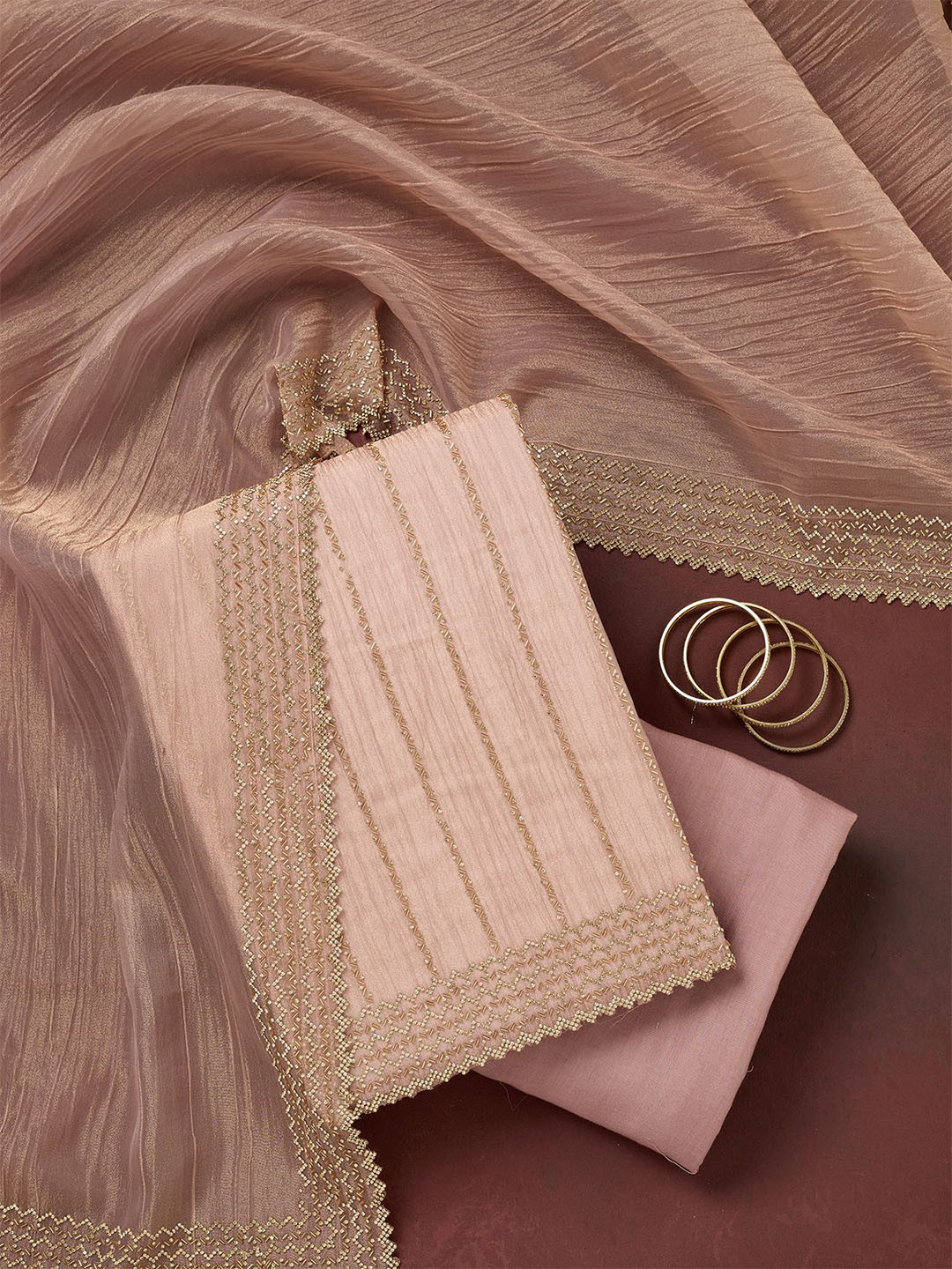 Koskii Striped Eembroidered Beads And Stones Tissue Unstitched Dress Material