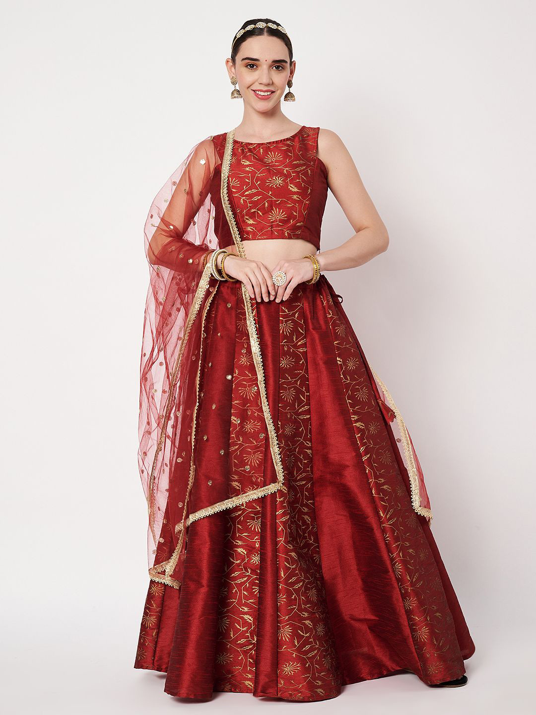 studio rasa Women Block Print V-Neck Sleeveless Lehenga & Blouse With Choli