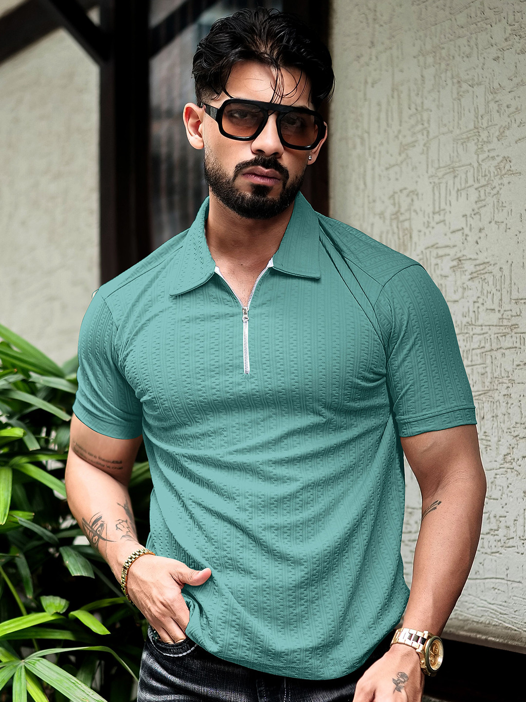 BENNY BROOKS Self Design Polo Collar Muscle Fit T-Shirt