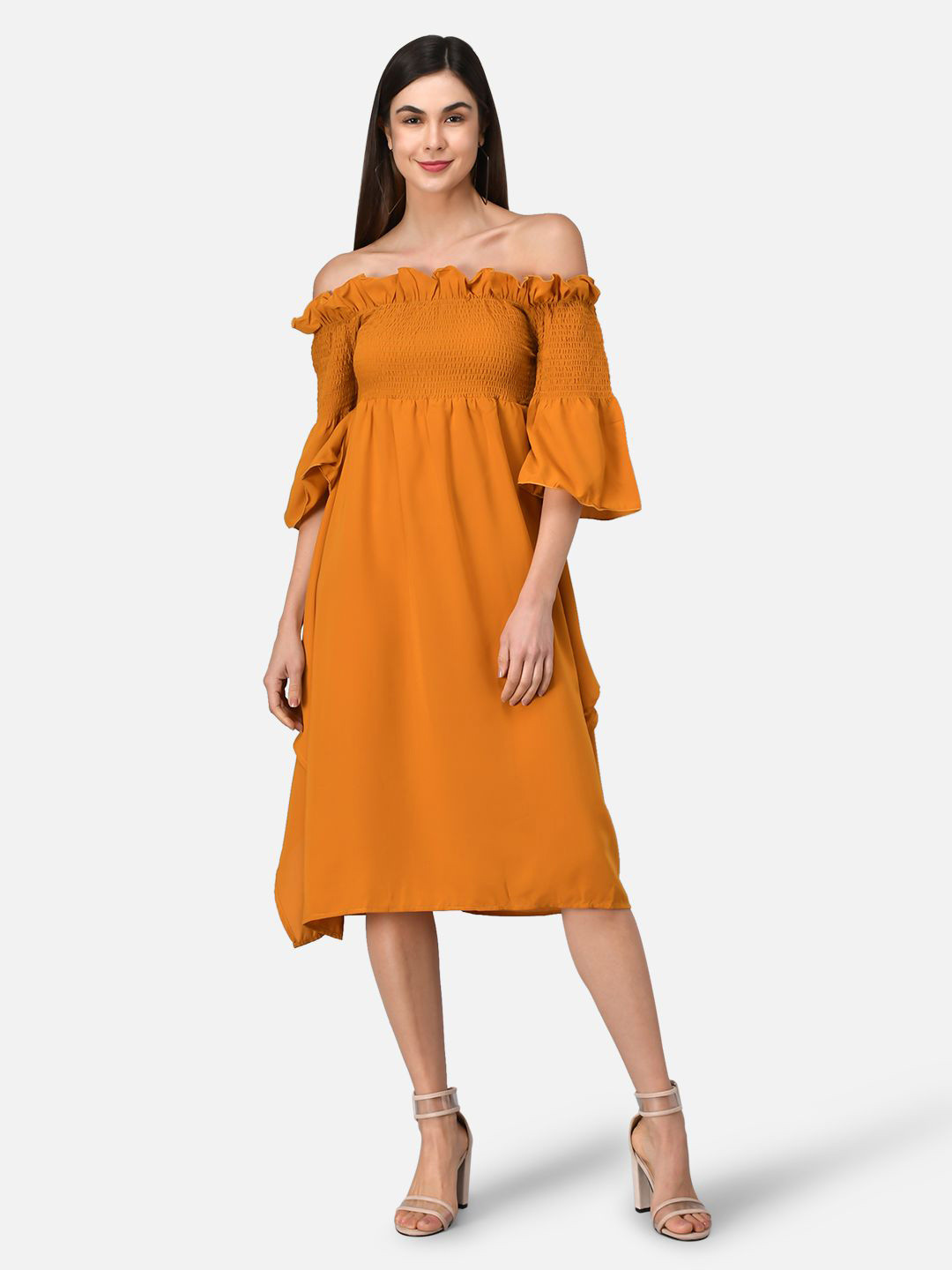TANDUL Women Off-Shoulder Bell Sleeve Midi Dress