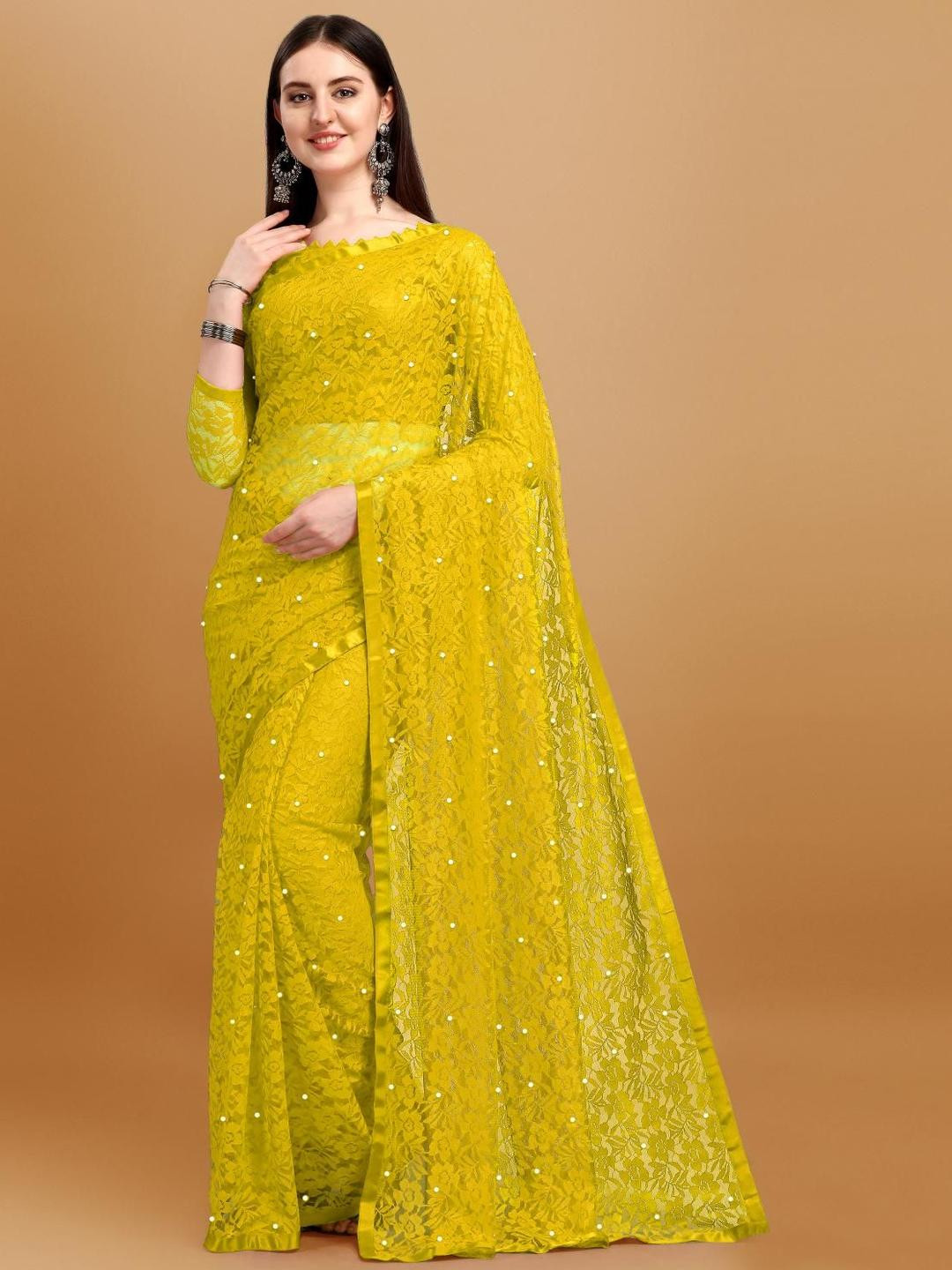 LOROFY Floral Embroidered Beads and Stones Lightweight Net Brasso Saree