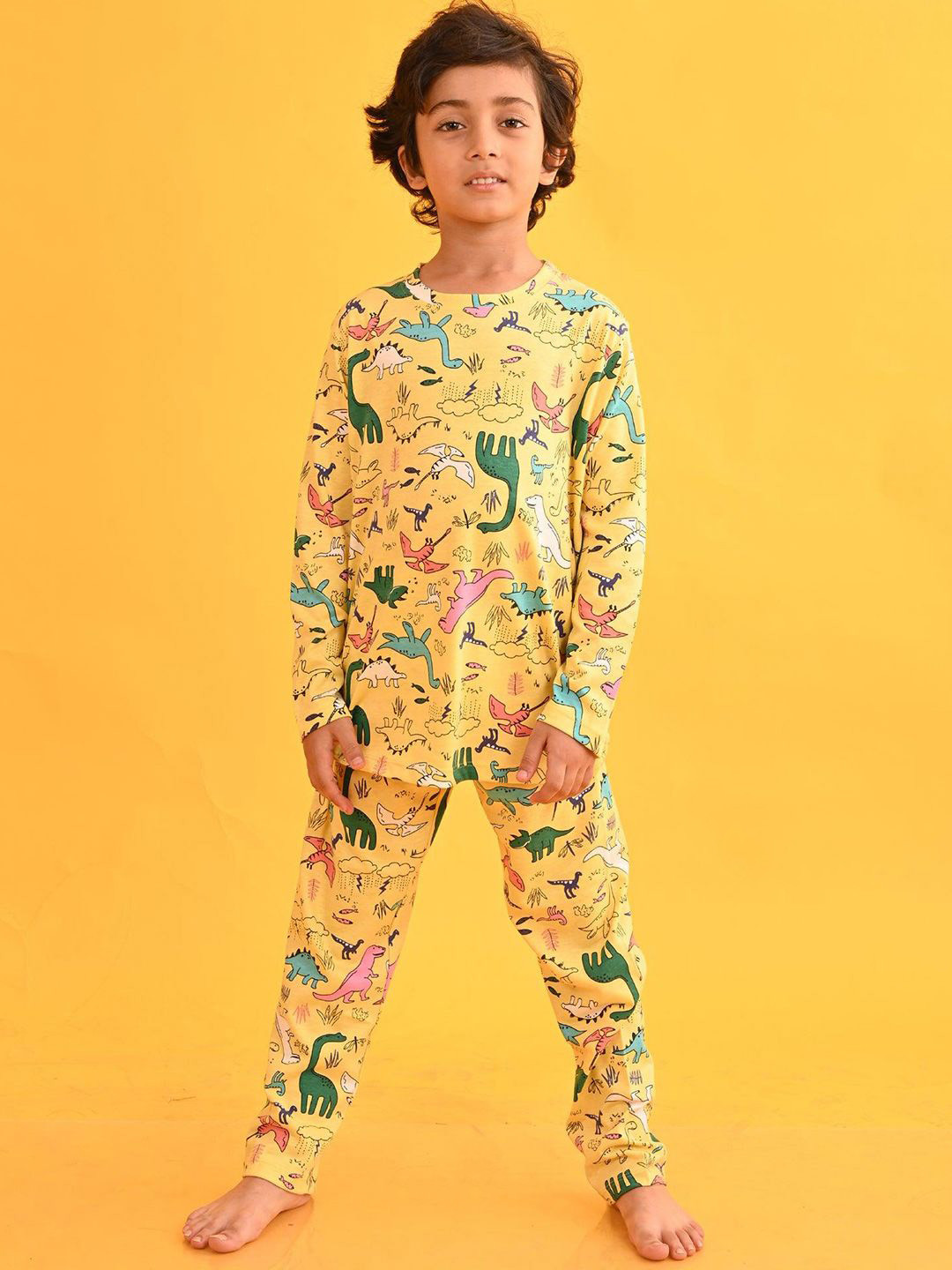 YK Boys Dinosaur Printed Pure Cotton T-shirt & Pyjama Night suit