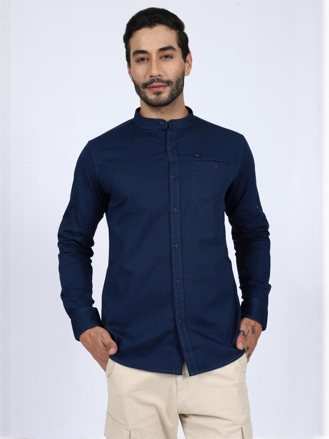 WOLF & CO. Men Relaxed Fit Solid Band Collar Cotton Casual Shirt