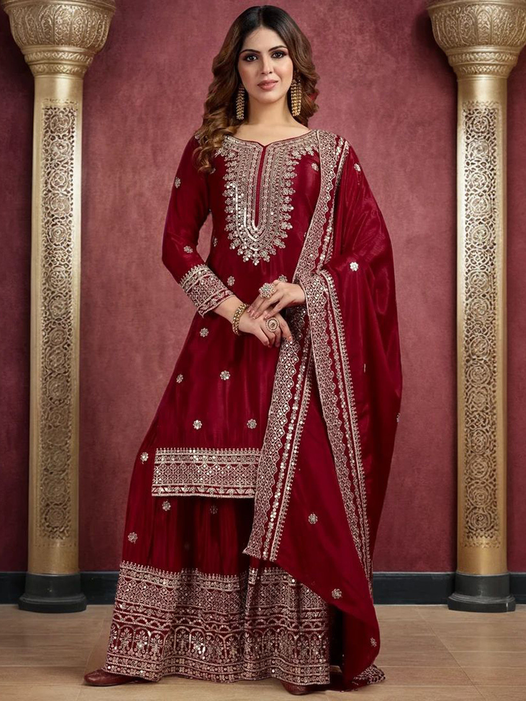 krisha fashion Women Ethnic Motifs Embroidered Sequined Kurta with Sharara & Dupatta