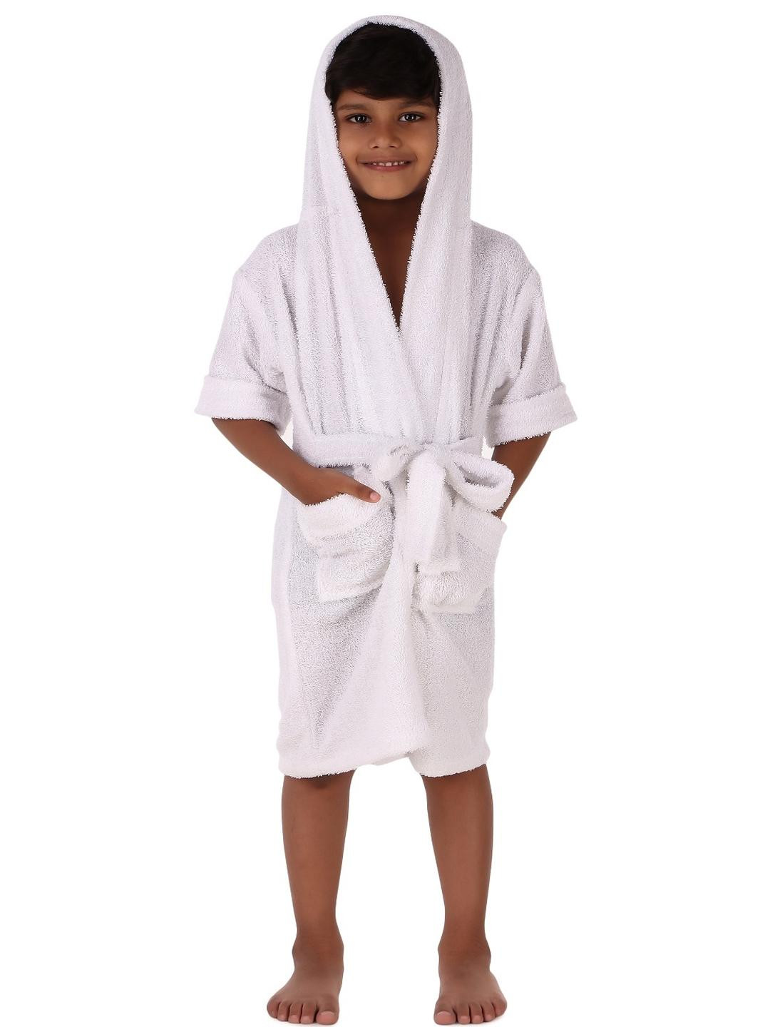 COMFORTLOOMS Kids White Cotton Tie-Up Bath Robe