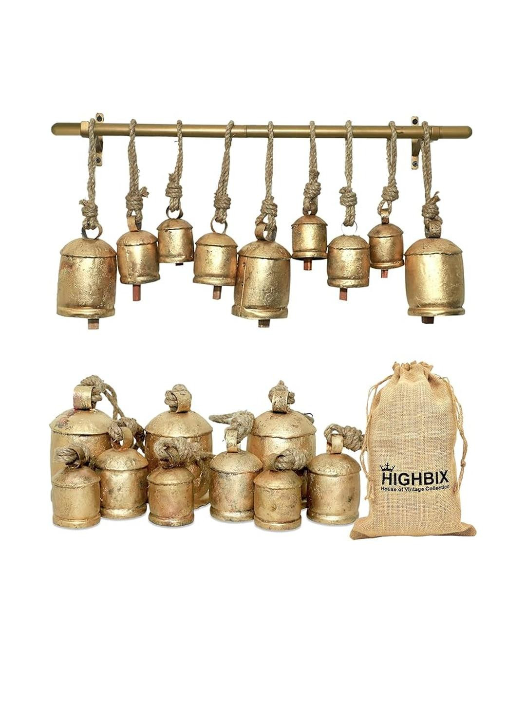 Set of 9 Rustic Handmade Christmas Jingle Cowbells with Metal Hanging Rod  Vintage-Style