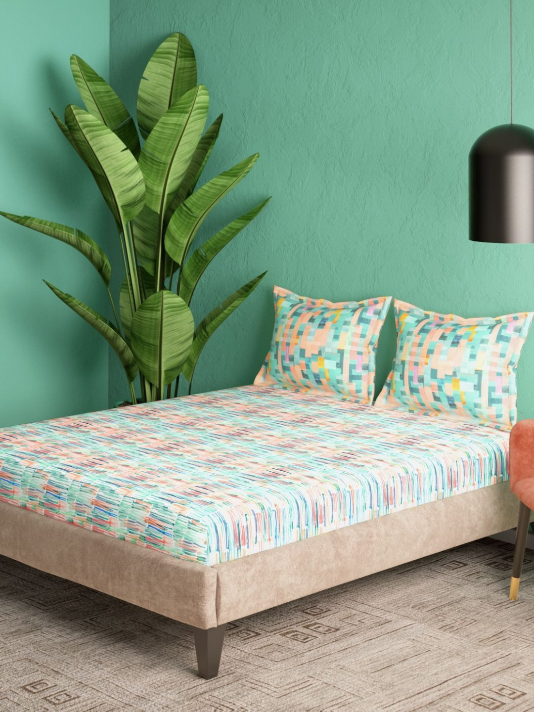 Portico Urban oasis White Floral Abstract 152 TC Super King BedsheetSet-2.74 m X 2.74 m