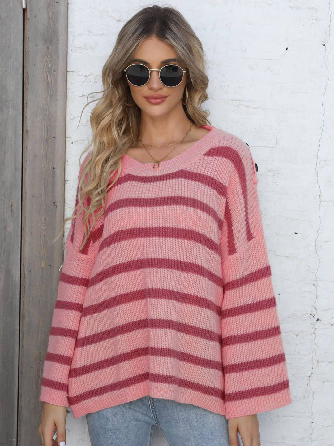 bebe Women Pink Striped Pullover