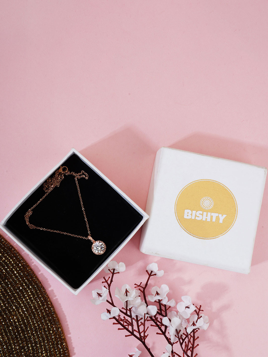 BISHTY  Stainless Steel Plated Stones Studded Circular Shaped Pendant & Chain