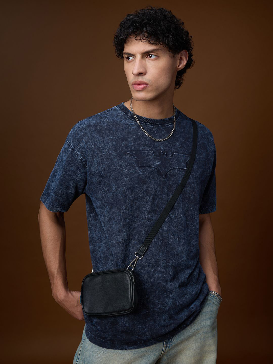 The Souled Store Men Batman Washed Effect Dyed Round Neck Pure Cotton Oversized T-shirt