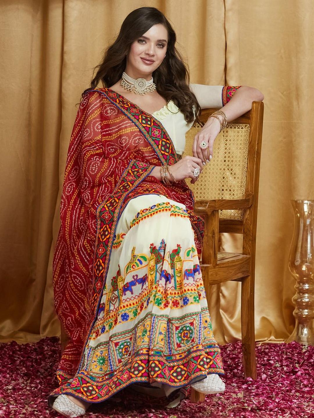 RAJGRANTH Bandhani Print Kutchi Embroidery Half and Half Pure Georgette Bandhani Saree