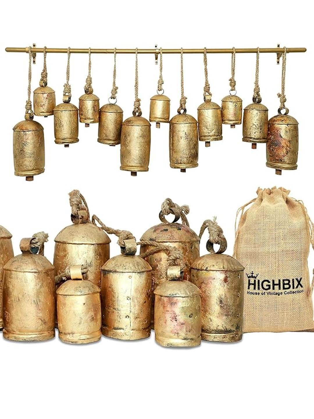 Rustic Handmade Christmas Jingle Cowbells Complete Set Large XL Bells with Metal Hanging Rod