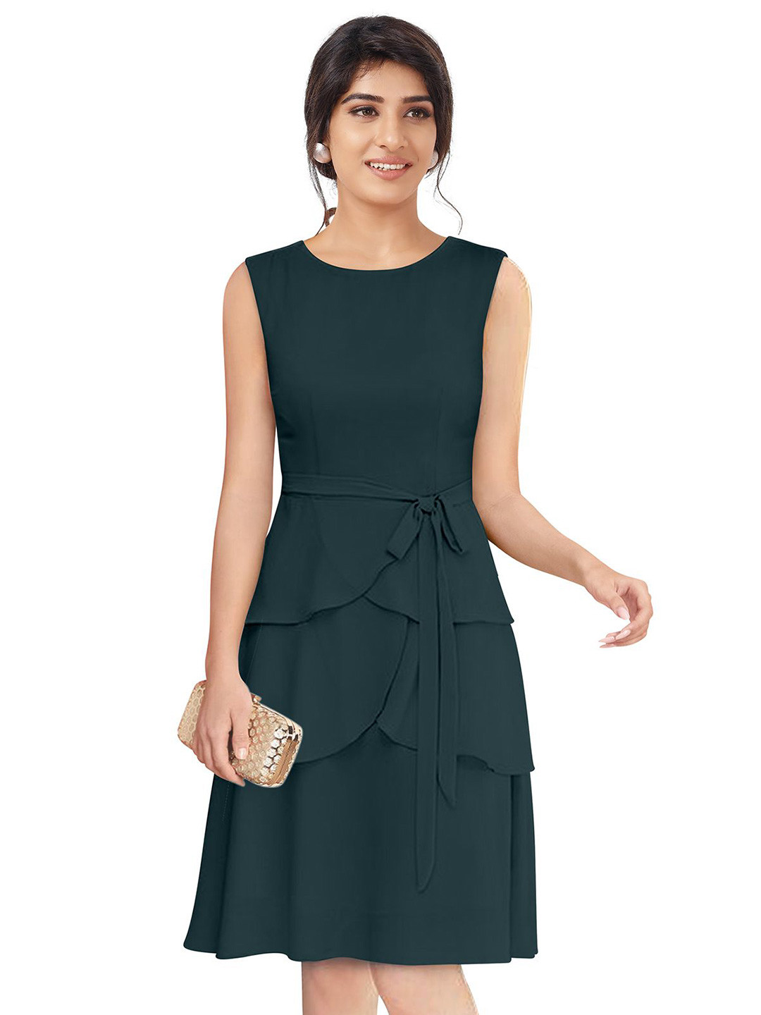 The Roadster Lifestyle Co Women Sleeveless Knee-Length Western Dress with Waist Tie