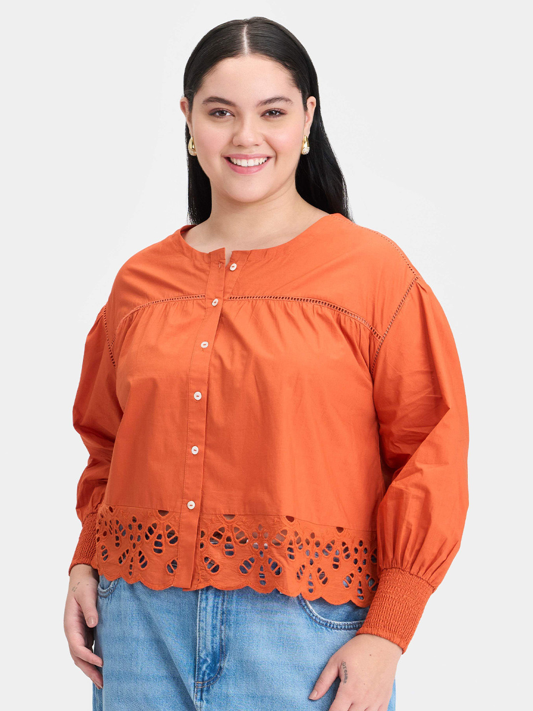 Virgio Plus Size Women Self Design Round Neck Long Sleeve Cotton Blouson Plus Size Top