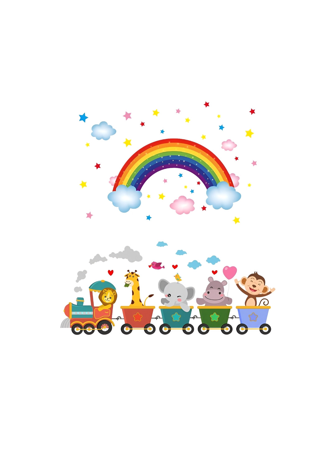 prettykrafts 2Pcs Yellow & Green Animals On Train & Rainbow Wall Stickers