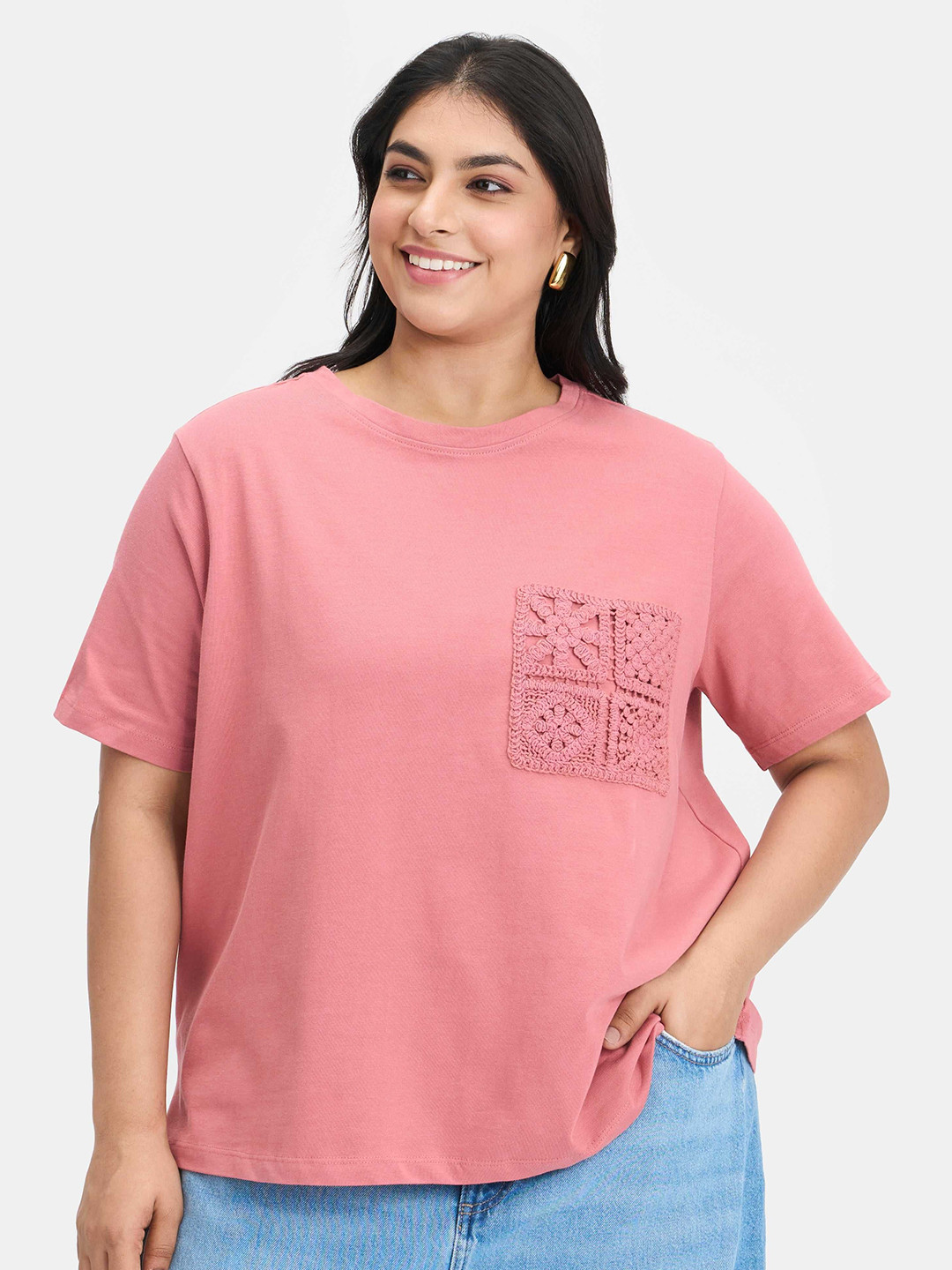 Virgio Cotton Collection Plus Size Embroidered Round Neck Relaxed Fit Cotton T-Shirt