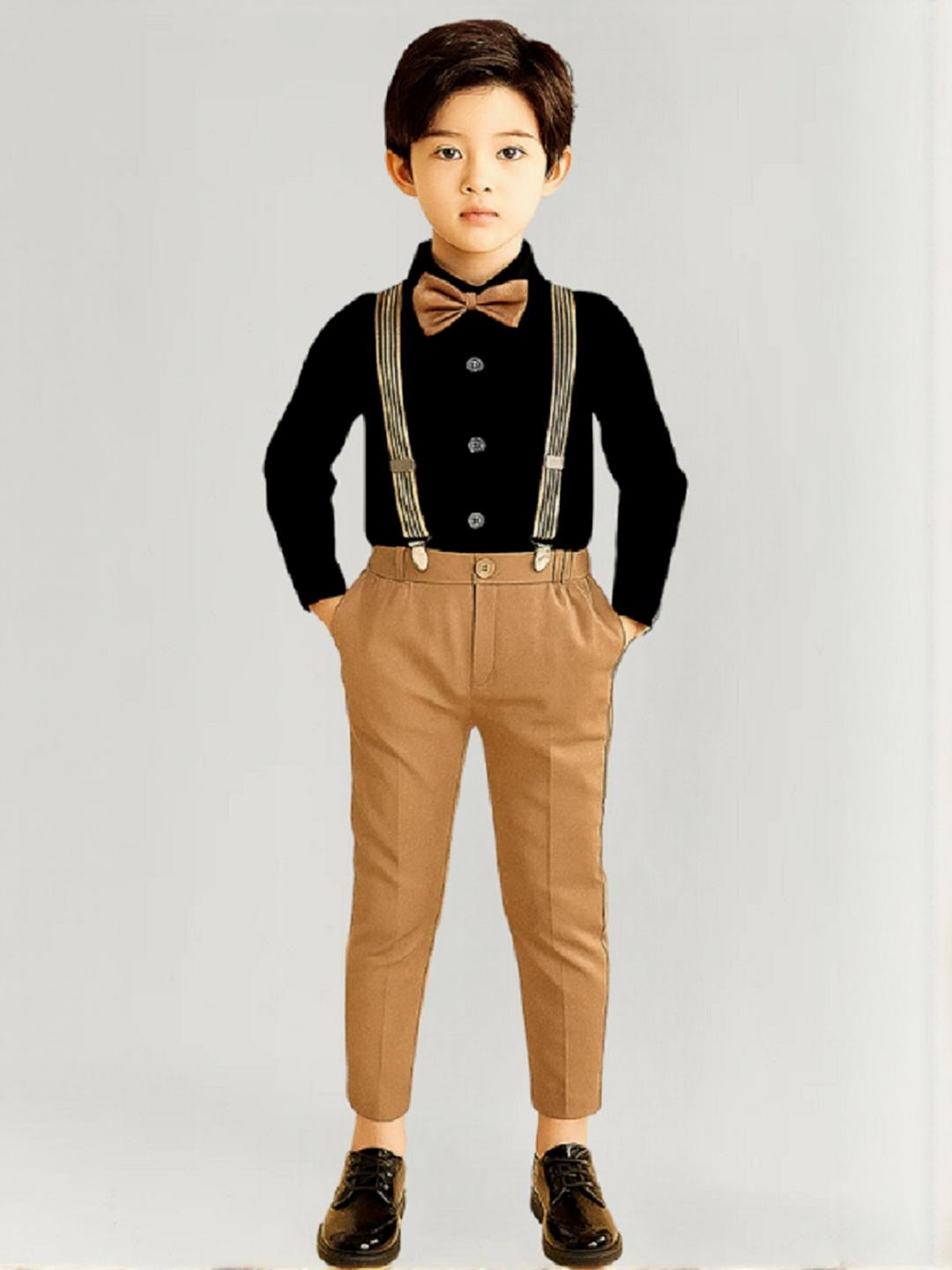 kilimoli Boys Brown Dungaree Set with Shirt Bow Tie & Suspender