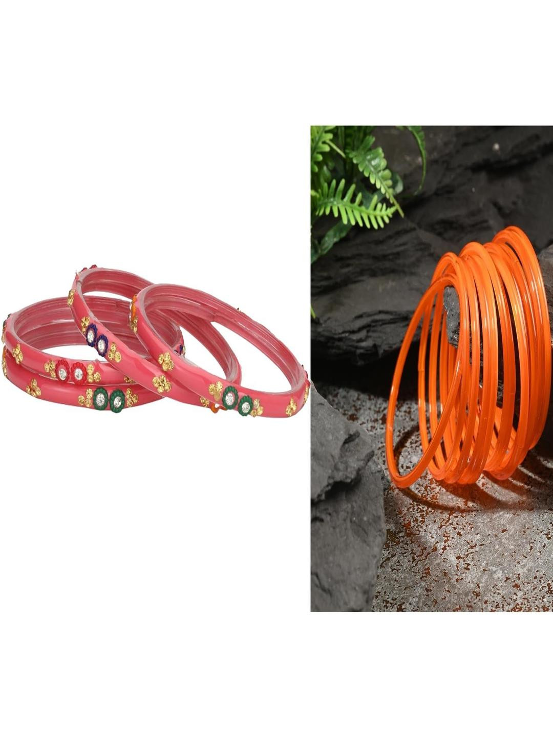 Somil Elegant Combo Glass Bangle Set | Handmade Traditional Chudi For Women | Perfect For Daily & Occasion Use, Combo Of 2 Set, Gajri, Orange