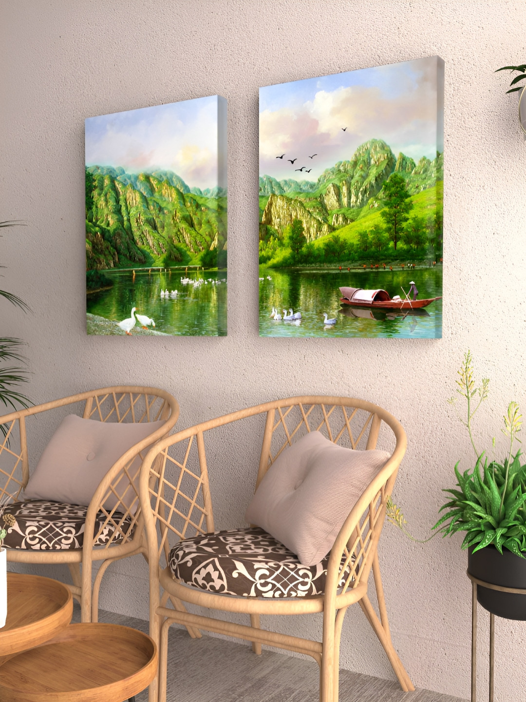 Myntra Elegant Homes Duck in the lake Mountain Landscape Printed 2 Piece Wall Paintings