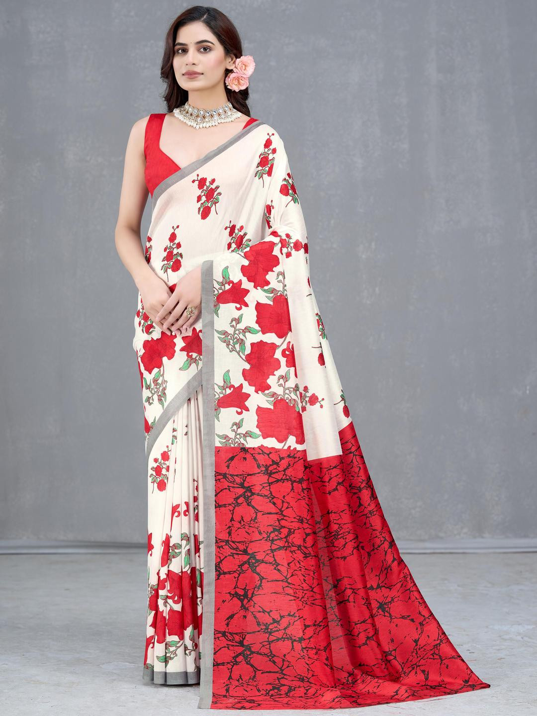 Garden Vareli Floral Printed Cationic Silk Saree With Blouse Piece