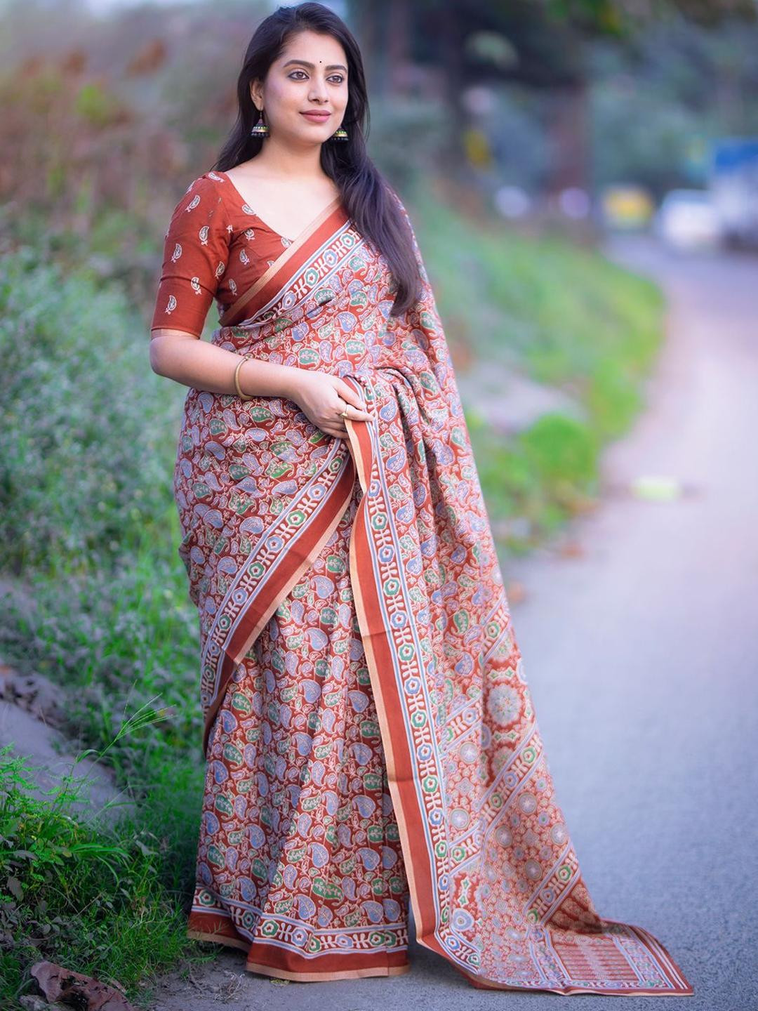 KALINI Brown Soft Printed Saree With Unstitched Blouse Piece