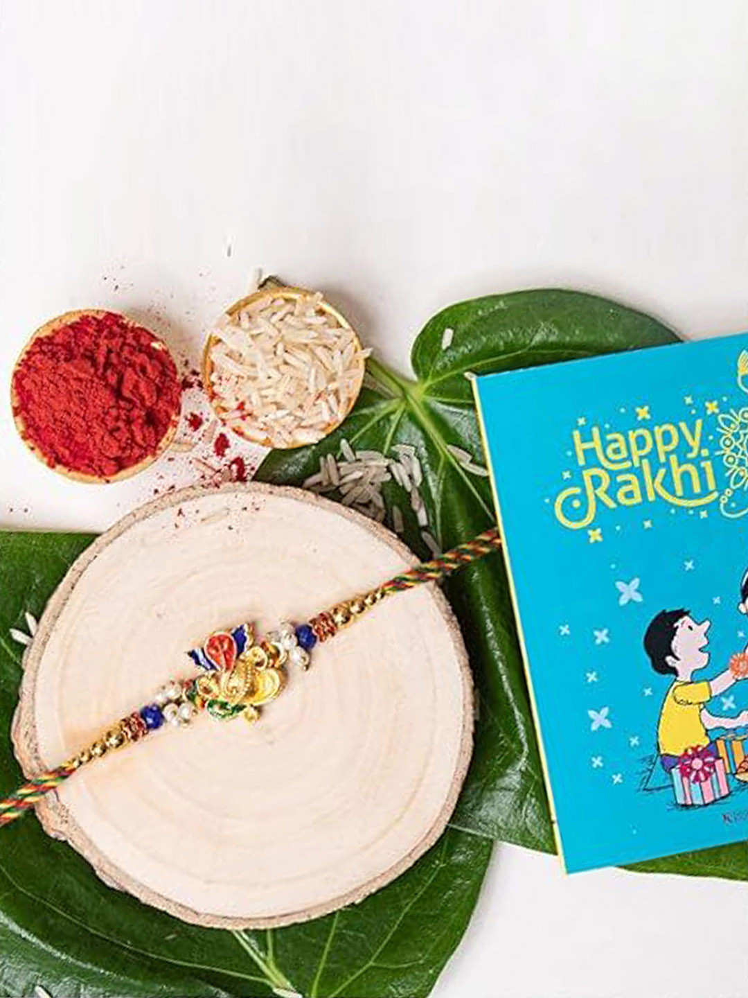 Kaameri Bazaar Beaded Thread Rakhi With Pooja Coin Greeting Card & Roli Chawal