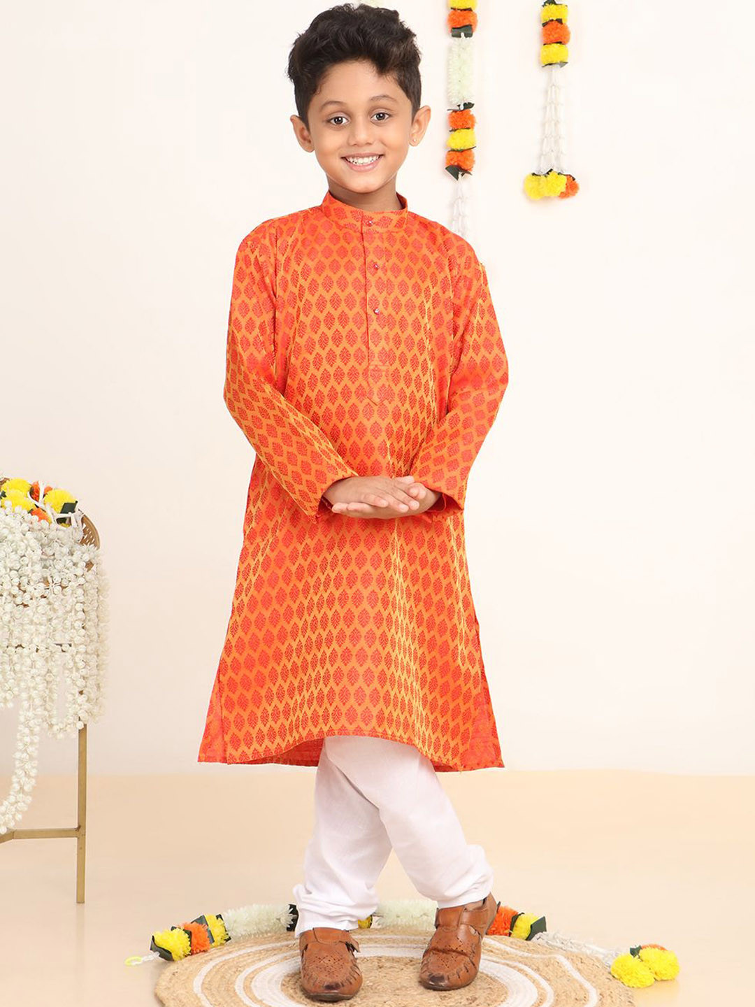 Baba & Baby Boys Boys Woven Design Band Collar Jacquard Straight Kurta With Pyjamas