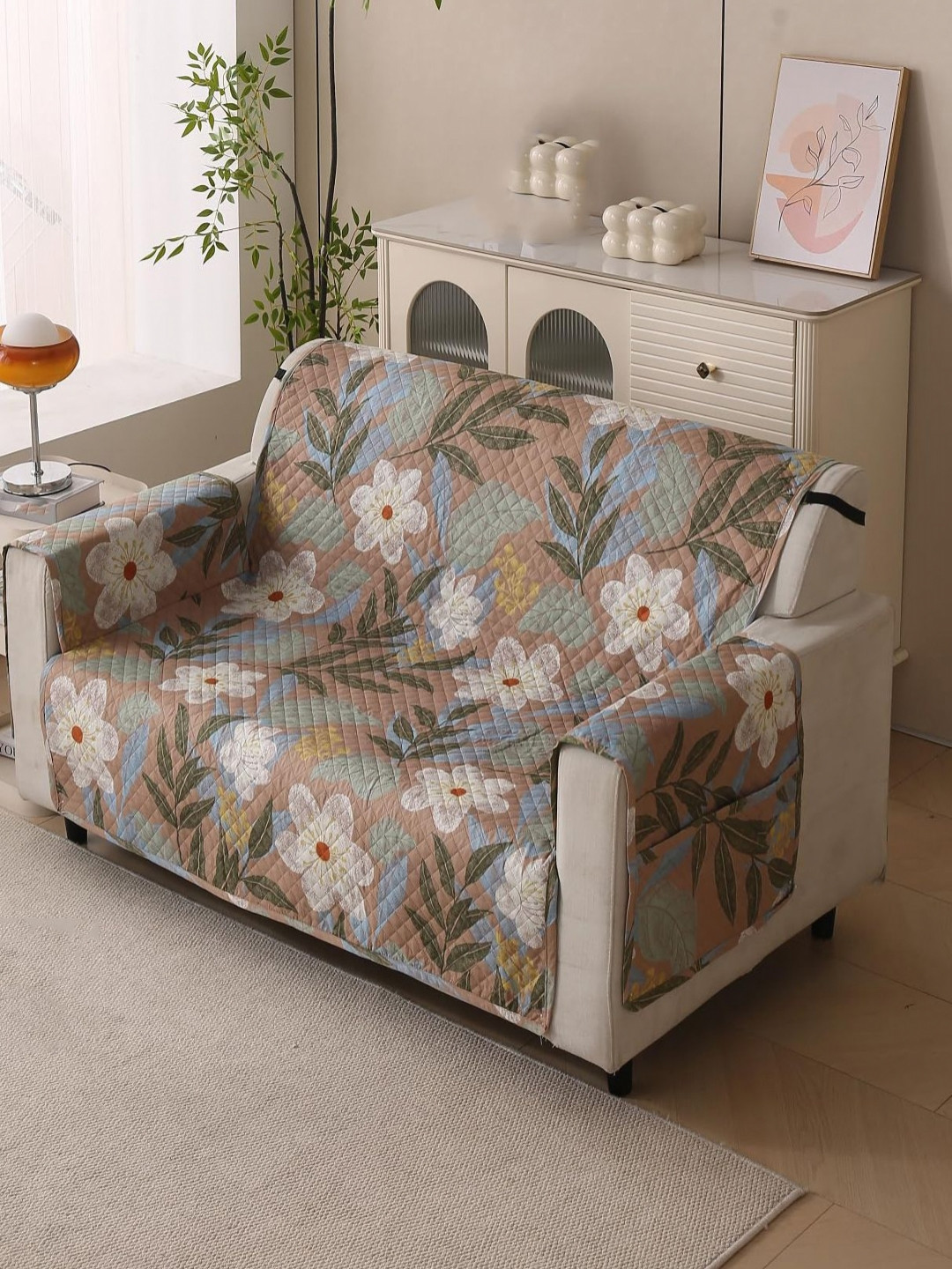 HOUSE OF QUIRK Two Seater Brown & White Printed Sofa Cover With Arms