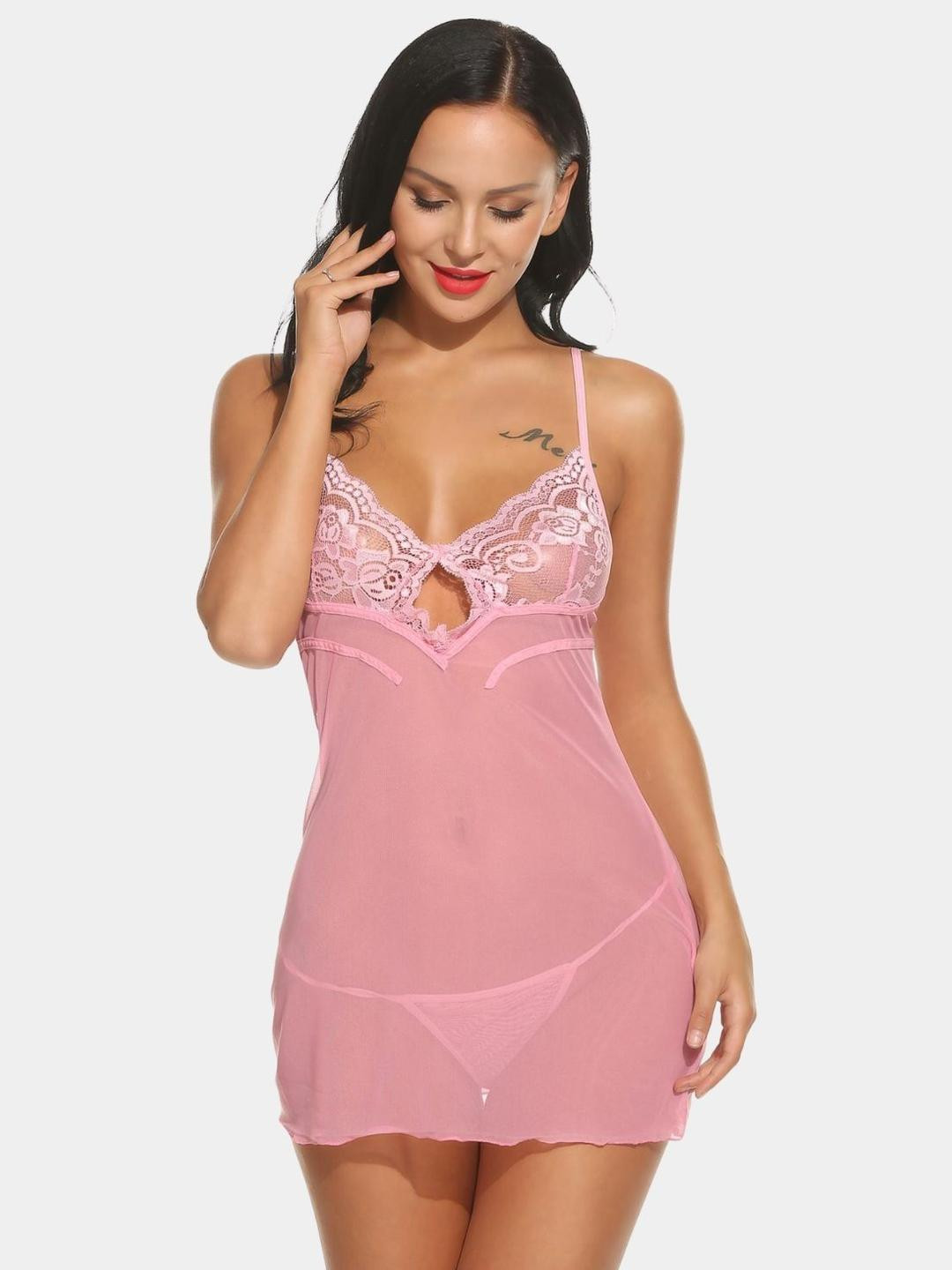 Sheer Mesh Transparent Babydoll Lingerie Dress with Lace Bra Detailing
